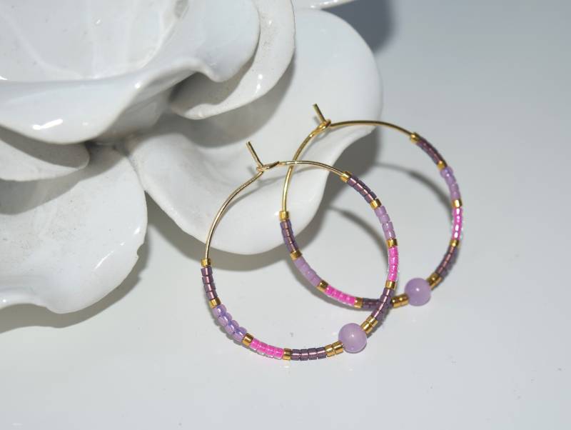 Jadeperlen Creolen in Lila Und Rosatönen Mit Gold - Mijuki von Perlentanz