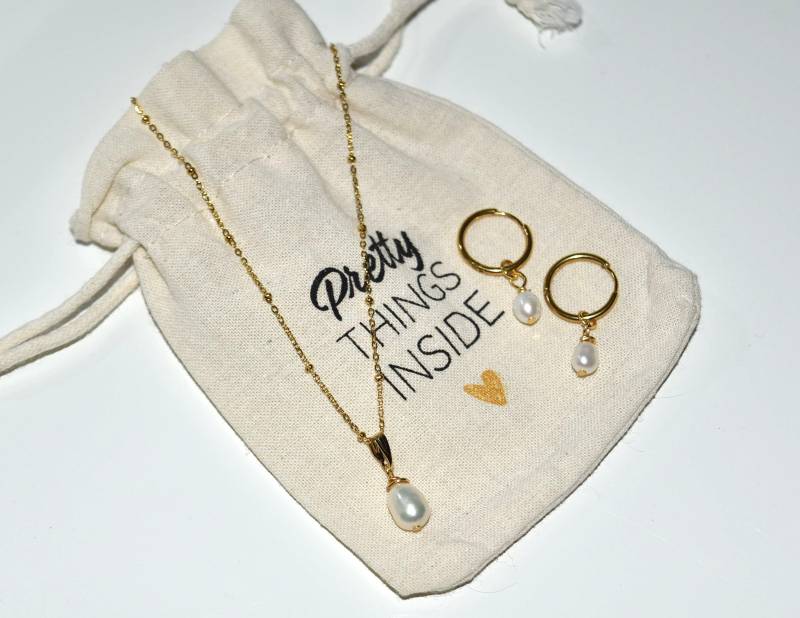 Schmuckset Süßwasserperlen in Gold - Creolen Mit Kette von Perlentanz