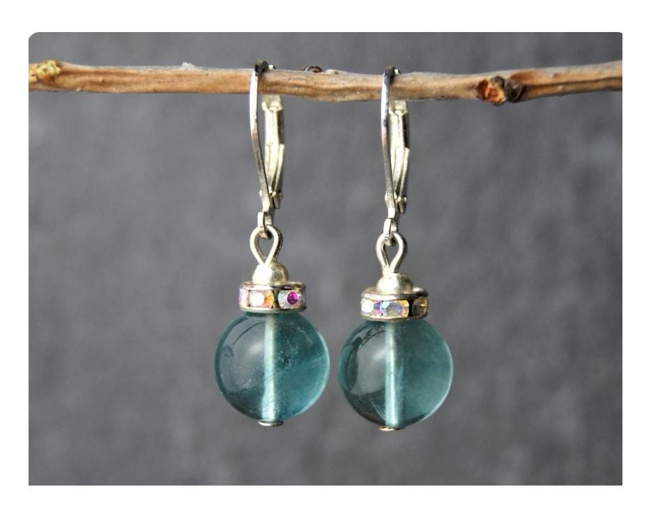 Fluorid Und Swarovski-Ohrhänger Edelsteinperle 10mm Heilstein Schutzstein Brisur 925Er Sterlingsilber Accessoire Für Den Urlaub Als Geschenk von PerlentanzBerlin