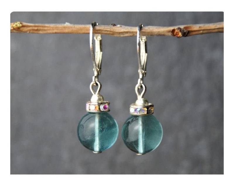 Fluorid Und Swarovski-Ohrhänger Edelsteinperle 10mm Heilstein Schutzstein Brisur 925Er Sterlingsilber Accessoire Für Den Urlaub Als Geschenk von PerlentanzBerlin