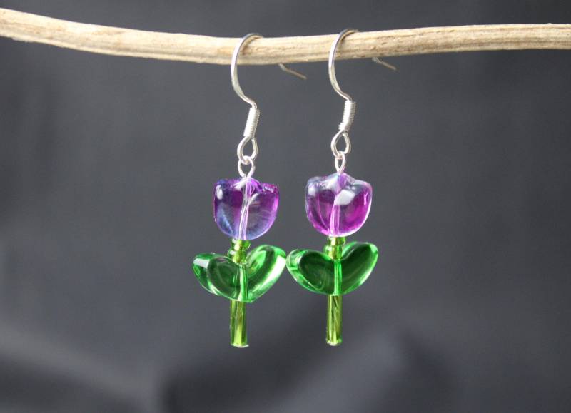 Glasperlen Und 925Er Sterlingsilber Ohrhänger Ohrring Blumenmotiv Lavendelfarben Lieblich Blumig Accessoire Geschenk Weihnachten Geburtstag von PerlentanzBerlin