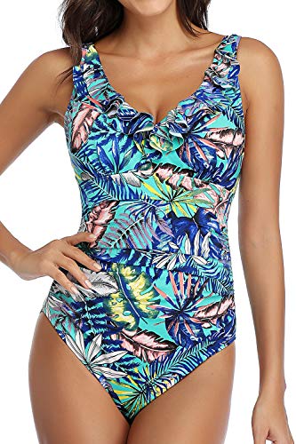 PERONA Damen Einteiler Badeanzug Bauchkontrolle Badeanzug Rüschen Übergröße Bademode - Grün - 44 DE von Perona