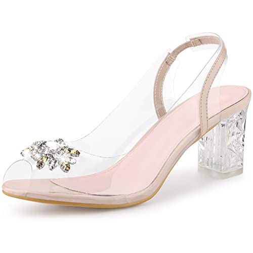 Perphy Damen-Sandalen mit durchsichtigem Slingback-Strass und Peep-Toe-Blockabsatz Beige 41 von Perphy