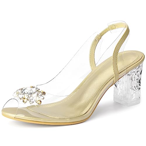 Perphy Damen-Sandalen mit durchsichtigem Slingback-Strass und Peep-Toe-Blockabsatz Gold 37 von Perphy