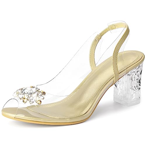 Perphy Damen-Sandalen mit durchsichtigem Slingback-Strass und Peep-Toe-Blockabsatz Gold 38 von Perphy