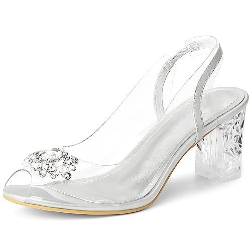 Perphy Damen-Sandalen mit durchsichtigem Slingback-Strass und Peep-Toe-Blockabsatz Silber 40 von Perphy