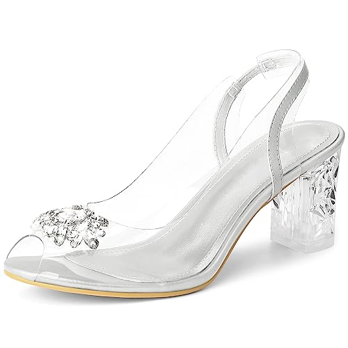 Perphy Damen-Sandalen mit durchsichtigem Slingback-Strass und Peep-Toe-Blockabsatz Silber 42 von Perphy