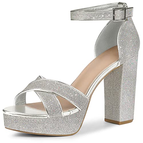 Perphy Damen-Sandalen mit glitzerndem Plateau und überkreuzten Riemen und dicken Absätzen Silber 37.5 von Perphy