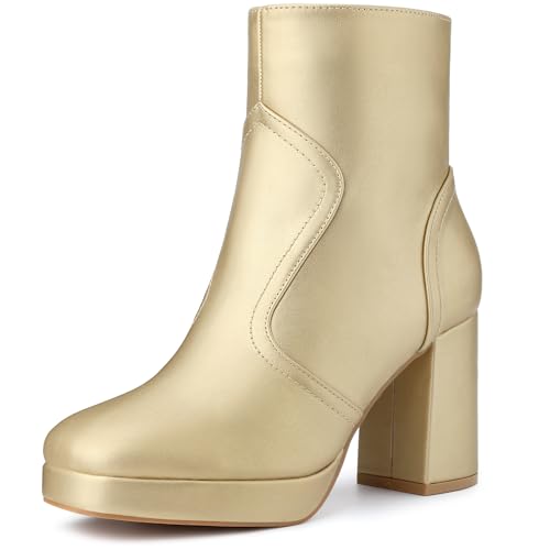 Perphy Damen Stiefeletten mit quadratischem Zehenbereich, Plateauabsatz, klobige Absätze, Gold, 39.5 EU von Perphy