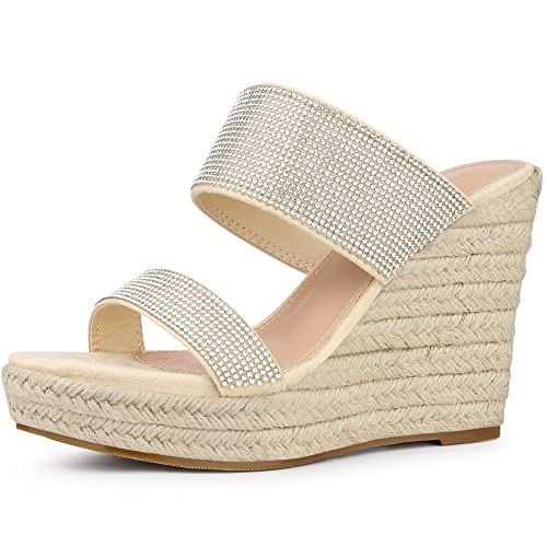 Perphy Espadrille-Keilsandalen mit zwei Riemen und Plateau-Strasssteinen für Damen Beige 41 von Perphy