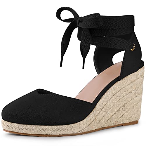 Perphy Espadrille-Plattform-Keilabsatz-Schnürsandalen für Damen Schwarz 38 von Perphy