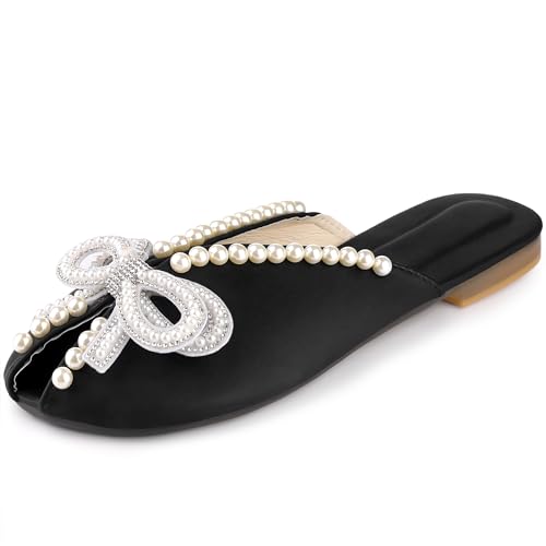 Perphy Floral Printed Peep Toe Slip on Pearl Flat Slides Pantoletten für Frauen, Schwarz, 38.5 EU von Perphy