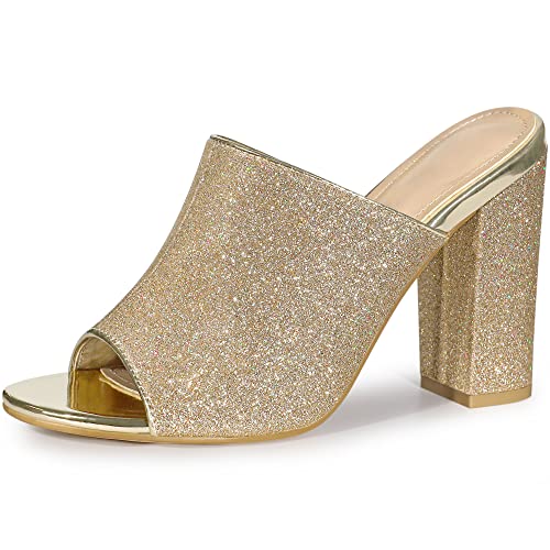 Perphy Glitzer Chunky Heels Slip on Pantoletten Slide Heel Sandalen für Damen, gold, 37 EU von Perphy