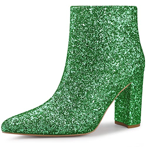 Perphy Glitzer-Stiefeletten mit spitzem Zehenbereich, klobiger Absatz, glitzernde Stiefeletten für Damen, Grün , 39 EU von Perphy