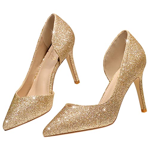 Perphy Glitzerpumps mit spitzem Zeh zum Hineinschlüpfen mit Stöckelschuhen für Damen Gold 37.5 von Perphy