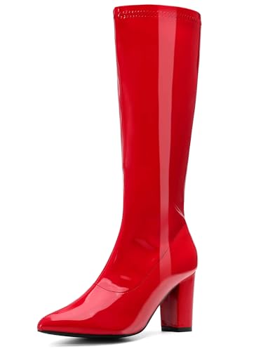 Perphy Go Go Boot Kniehohe Stiefel aus Lackleder mit klobigem Absatz für Damen, hellrot, 42 EU von Perphy