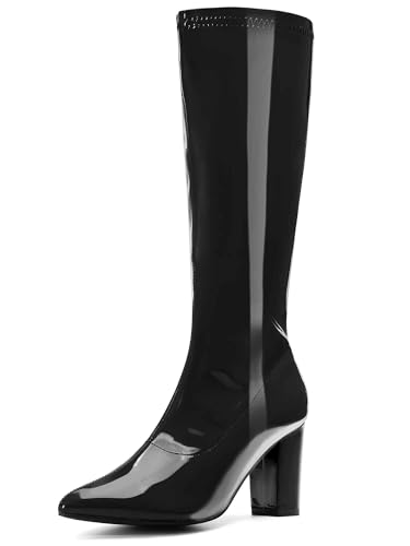 Perphy Go Go Boot Kniehohe Stiefel aus Lackleder mit klobigem Absatz für Damen, Schwarz, 39 EU von Perphy