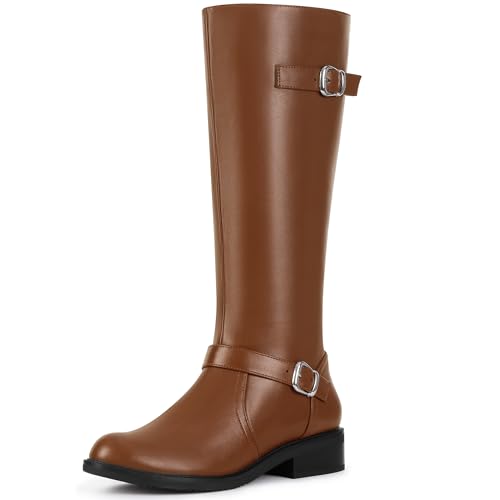 Perphy Kniehohe Reitstiefel mit Schnalle, niedriger Absatz, seitlicher Reißverschluss, kniehohe Reitstiefel für Damen, Braun, 39.5 EU Perphy Kniehohe Reitstiefel mit Schnalle, niedriger Absatz, seitlicher Reißverschluss, kniehohe Reitstiefel für Damen, Braun, 39.5 EU von Perphy