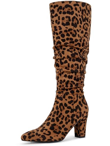 Perphy Kniehohe Stiefel mit spitzer Zehenpartie und klobigem Absatz für Damen Leopard 37 von Perphy