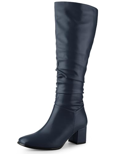 Perphy Oberschenkelhohe Stiefel mit quadratischem Zehenbereich, klobiger Absatz, kniehohe Stiefel für Damen, Marineblau, 40.5 EU von Perphy