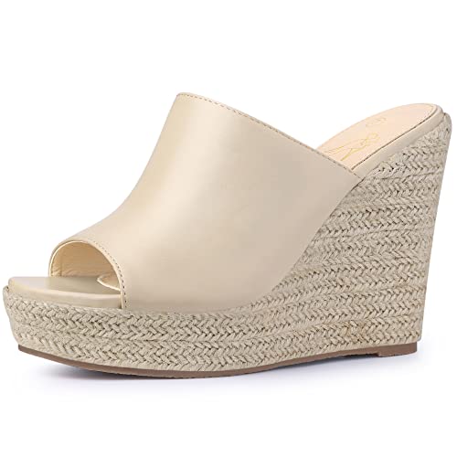 Perphy Offene Zehen-Espadrille-Keilabsatz-Plateau-Sandale für Damen Beige 36 von Perphy