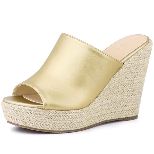 Perphy Offene Zehen-Espadrille-Keilabsatz-Plateau-Sandale für Damen Gold 39 Perphy Offene Zehen-Espadrille-Keilabsatz-Plateau-Sandale für Damen Gold 39 von Perphy