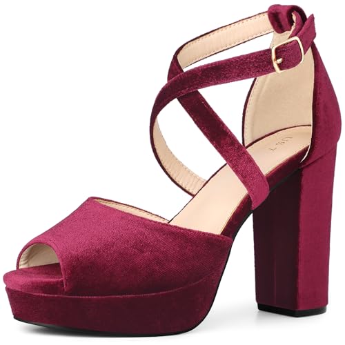 Perphy Peep Toe Pumps Samt Blockabsatz Plateau Sandalen für Damen, Burgunder, 39.5 EU von Perphy