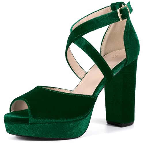 Perphy Peep Toe Pumps Samt Blockabsatz Plateau Sandalen für Damen, Smaragdrün, 37.5 EU von Perphy