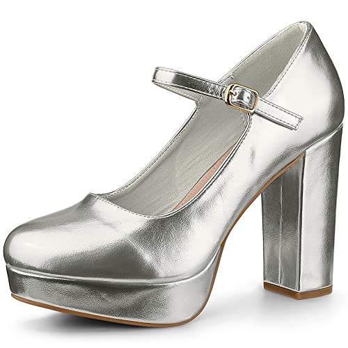 Perphy Plateau Knöchelriemchen Chunky Heels Mary Janes Pumps für Damen Silber 36 von Perphy