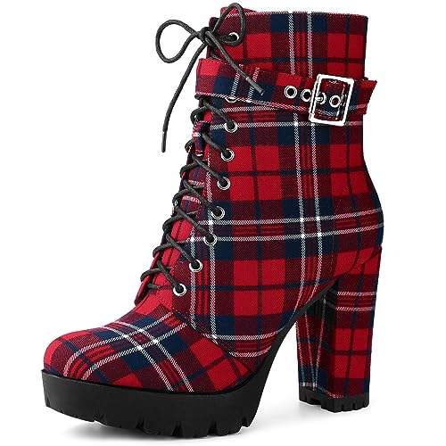 Perphy Plateau Lace Up Chunky Heel Plaid Printed Ankle Combat Boots für Frauen, Rot/Ausflug, einfarbig (Getaway Solids), 41 EU von Perphy