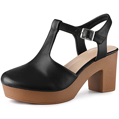 Perphy Plateau-T-Strap-Clog-Schuhe Chunky Heels Pantoletten-Sandalen für Damen Schwarz 38 von Perphy