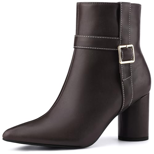 Perphy Spitz zulaufende Schnalle Dekor Blockabsatz Stiefeletten für Damen, Kaffee, 40 EU von Perphy