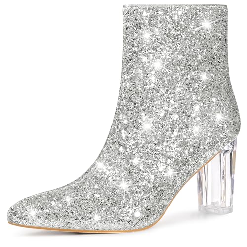 Perphy Transparenter Absatz, funkelnde Glitzer-Stiefeletten mit Blockabsatz für Damen Silber 40 von Perphy
