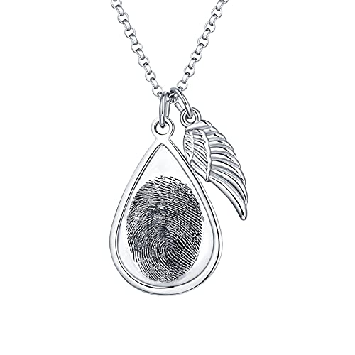 Perrusvrty Personalisierte Teardrop Fingerabdruck Bild Text Gravur Fingerabdruck Halskette für Frauen Männer Foto Halskette(Silber- 14) von Perrusvrty