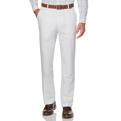 Perry Ellis Herren Hose aus Leinenmischgewebe, Flache Vorderseite, Strapazierfähiger Twill, Normale Passform, Atmungsaktiv und Leicht Anzughose, Bright White, 36W / 32L von Perry Ellis