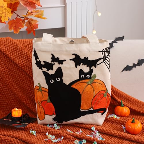 Perseverance Trade Süßigkeiten-Tragetasche für Halloween, 33 x 35 cm, mit gestickten Kürbissen und schwarzen Katzen, niedliche, wiederverwendbare Canvas-Tasche für Kinder, Halloween, Party, Geschenk Perseverance Trade Süßigkeiten-Tragetasche für Halloween, 33 x 35 cm, mit gestickten Kürbissen und schwarzen Katzen, niedliche, wiederverwendbare Canvas-Tasche für Kinder, Halloween, Party, Geschenk von Perseverance Trade
