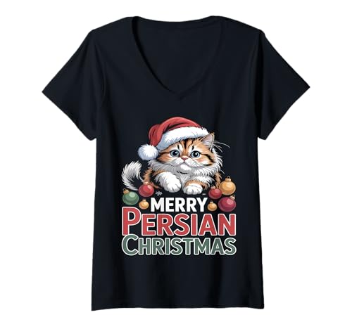 Damen Frohe persische Weihnachtskatze T-Shirt mit V-Ausschnitt von Persian Cat Christmas Apparel