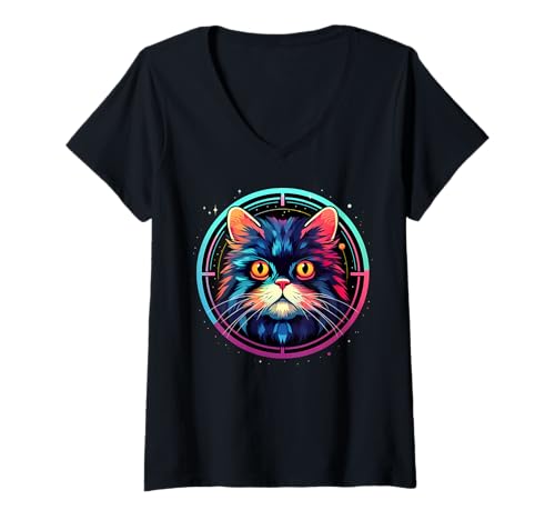 Damen Bunte kosmische Perserkatze Weltraum-Astronaut T-Shirt mit V-Ausschnitt Damen Bunte kosmische Perserkatze Weltraum-Astronaut T-Shirt mit V-Ausschnitt von Persian Cat Gifts