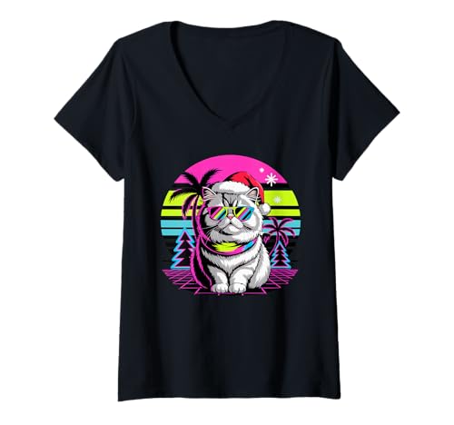 Damen Christmas Synthwave Persian Cat Sunglasses T-Shirt mit V-Ausschnitt von Persian Cat Lover Gifts
