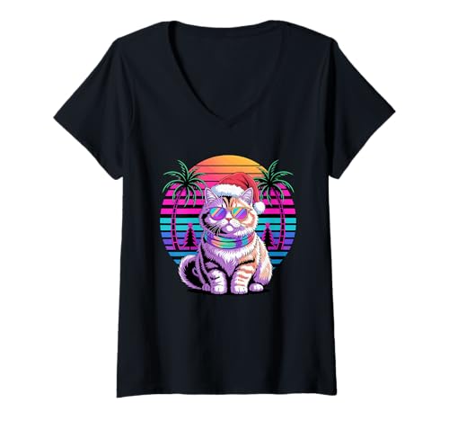 Damen Christmas Synthwave Persian Cat Sunglasses T-Shirt mit V-Ausschnitt von Persian Cat Lover Gifts