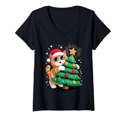 Damen Christmas Tree Persian Cat Sunglasses T-Shirt mit V-Ausschnitt von Persian Cat Lover Gifts