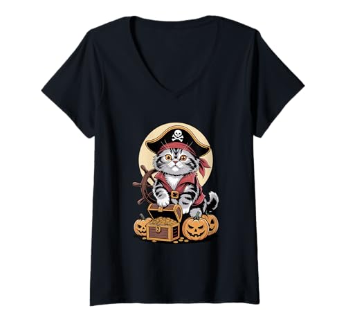 Damen Halloween Pirate Persian Cat Treasure Persian Longhair T-Shirt mit V-Ausschnitt von Persian Cat Lover Gifts