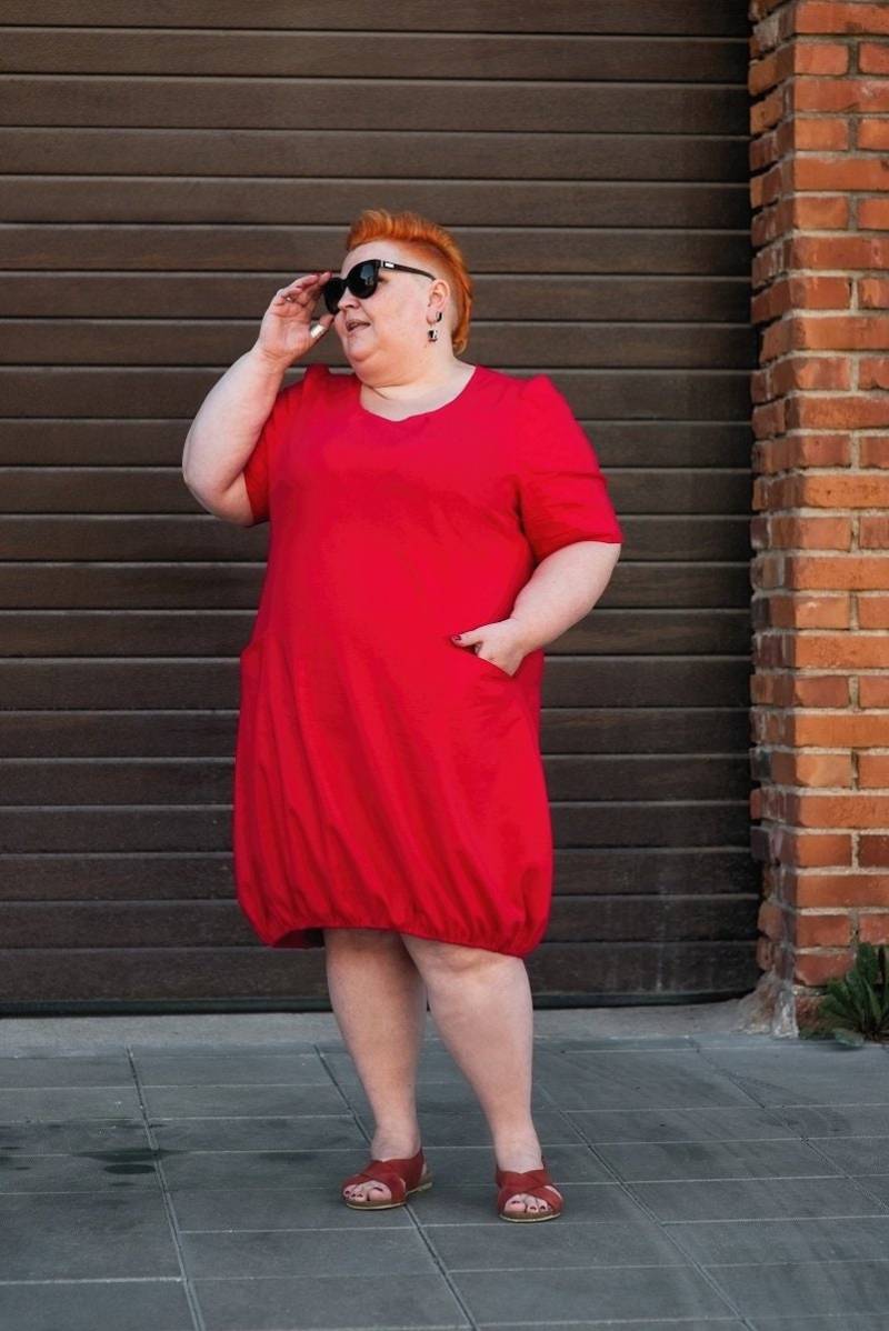 Rotes Leinen Kleid Plus Size Kurzarm Midi Kleid von Persikeliz