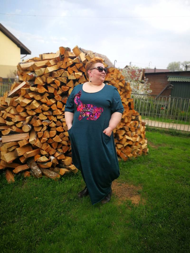 Smaragdgrüner Baumwoll Kaftan Kleid Plus Size Boho Maxi Mit Kaninchen Applikation von Persikeliz