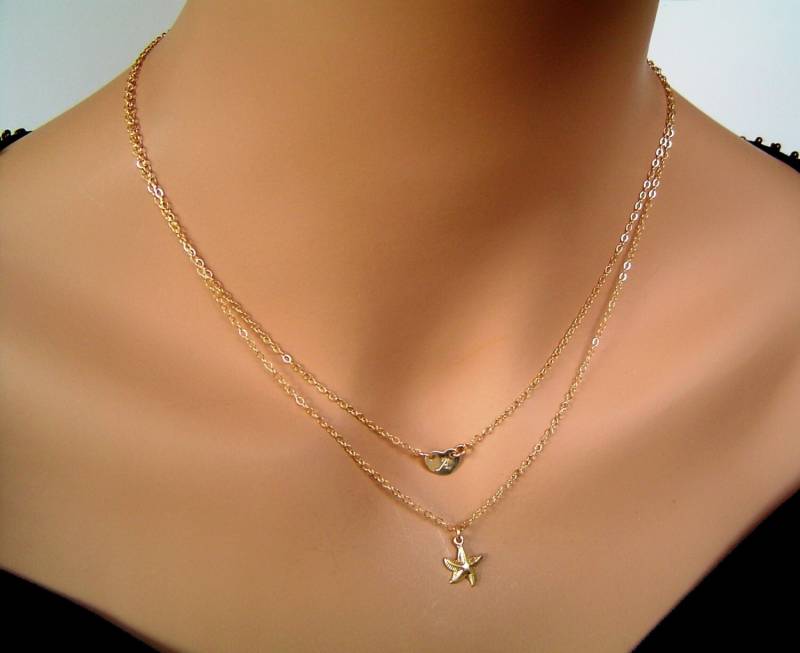 Personalisierte Gold Herz Layering Halskette Set/Seestern Filled Halsketten Zarte Mit Initial von PersonalandDesign