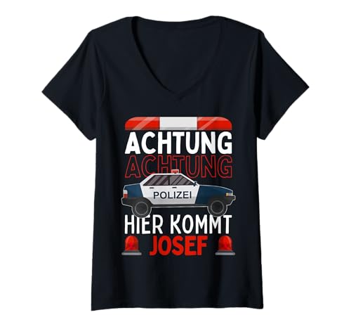 Damen Personalisierter Spruch Achtung Hier kommt Josef Polizeiauto T-Shirt mit V-Ausschnitt von Personalisierte Geschenke Josef