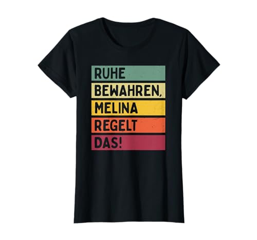 Personalisierte Geschenke Melina Ruhe Bewahren Melina Regelt Das Spruch In Retro Farben Damen X-Small V-Ausschnitt Kurzarm T-Shirt von Personalisierte Geschenke Melina