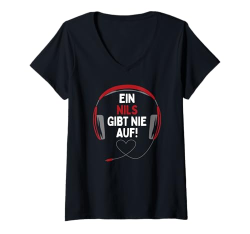 Damen Gaming Kopfhörer EIN Nils Gibt Nie Auf Personalisiertes T-Shirt mit V-Ausschnitt von Personalisierte Geschenke Nils