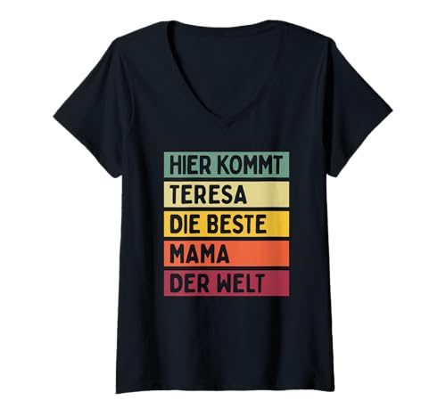 Damen Hier Kommt Teresa Die Beste Mama Der Welt Muttertag Retro T-Shirt mit V-Ausschnitt Damen Hier Kommt Teresa Die Beste Mama Der Welt Muttertag Retro T-Shirt mit V-Ausschnitt von Personalisierte Geschenke Teresa