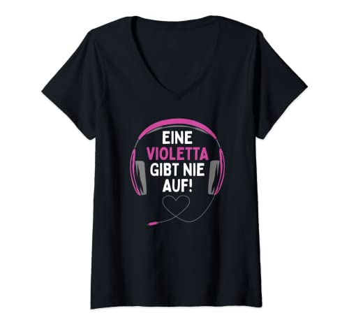 Damen Gaming Kopfhörer "Eine Violetta Gibt Nie Auf" T-Shirt mit V-Ausschnitt von Personalisierte Geschenke Violetta